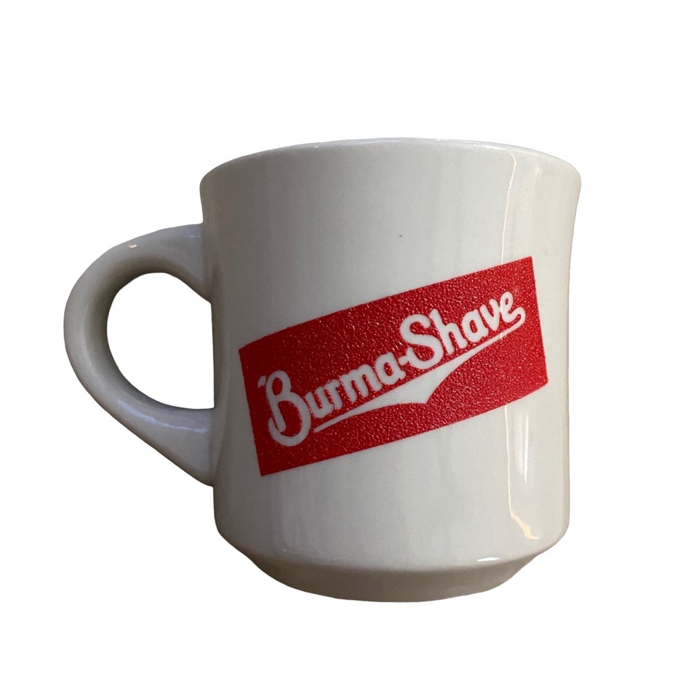 VINTAGE BURMA SHAVE Ceramic Barber Shave Red Graphic Coffee Mug Retro